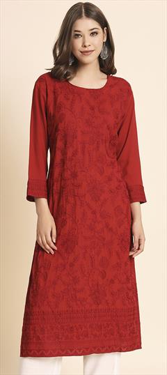 Casual Red and Maroon color Kurti in Rayon fabric with Long Sleeve, Straight Embroidered, Resham, Thread work : 1891580