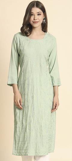 Casual Green color Kurti in Rayon fabric with Long Sleeve, Straight Embroidered, Resham, Thread work : 1891581