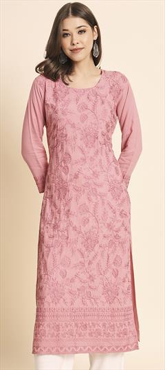 Casual Pink and Majenta color Kurti in Rayon fabric with Long Sleeve, Straight Embroidered, Resham, Thread work : 1891584