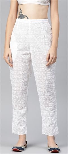 Party Wear, Summer White and Off White color Jeggings in Cotton fabric with Straight Embroidered, Resham, Thread work : 1891620