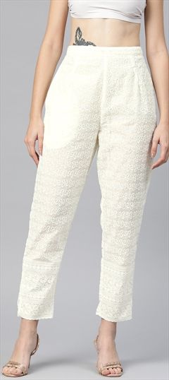 Party Wear, Summer White and Off White color Jeggings in Cotton fabric with Straight Embroidered, Resham, Thread work : 1891627