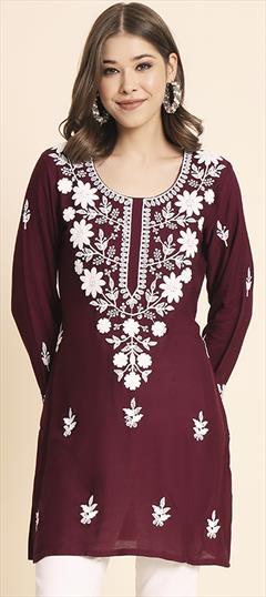 Casual, Party Wear Red and Maroon color Kurti in Rayon fabric with Long Sleeve, Straight Embroidered, Resham, Thread work : 1891675