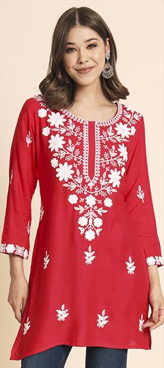 Casual, Party Wear Red and Maroon color Kurti in Rayon fabric with Long Sleeve, Straight Embroidered, Resham, Thread work : 1891678