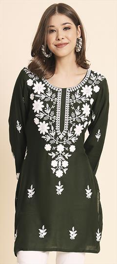 Casual, Party Wear Green color Kurti in Rayon fabric with Long Sleeve, Straight Embroidered, Resham, Thread work : 1891679