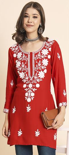 Casual, Party Wear Red and Maroon color Kurti in Rayon fabric with Long Sleeve, Straight Embroidered, Resham, Thread work : 1891680