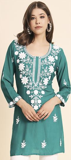 Casual, Party Wear Green color Kurti in Rayon fabric with Long Sleeve, Straight Embroidered, Resham, Thread work : 1891681