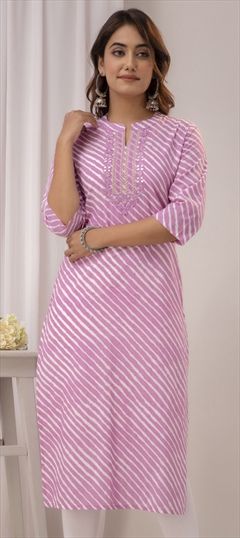 Festive, Summer Purple and Violet color Kurti in Cotton fabric with Long Sleeve, Straight Embroidered, Lehariya, Printed, Resham, Thread work : 1891683