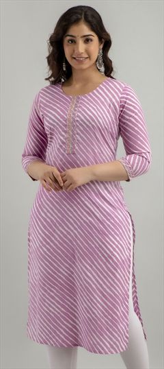 Festive, Summer Purple and Violet color Kurti in Cotton fabric with Long Sleeve, Straight Embroidered, Lehariya, Printed, Resham, Thread work : 1891687