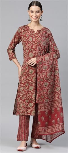 Party Wear, Summer Red and Maroon color Salwar Kameez in Cotton fabric with Straight Floral, Printed work : 1891805