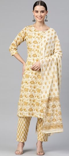 Party Wear, Summer Beige and Brown color Salwar Kameez in Cotton fabric with Straight Floral, Printed work : 1891806