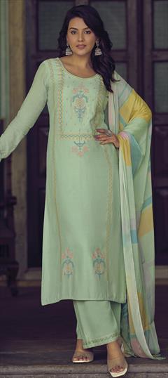 Party Wear, Traditional Green color Salwar Kameez in Muslin fabric with Straight Embroidered, Resham, Thread work : 1891879