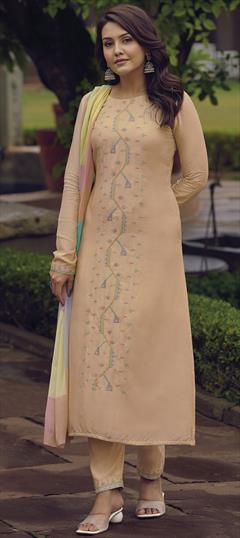 Party Wear, Traditional Pink and Majenta color Salwar Kameez in Muslin fabric with Straight Embroidered, Resham, Thread work : 1891881