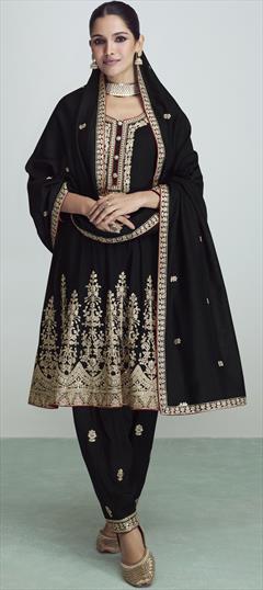Festive, Party Wear Black and Grey color Salwar Kameez in Art Silk fabric with Anarkali Embroidered, Sequence, Thread, Zari work : 1891901