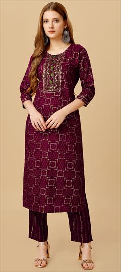 Casual Red and Maroon color Salwar Kameez in Rayon fabric with Straight Embroidered, Resham, Thread work : 1891924