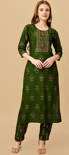 Casual Green color Salwar Kameez in Rayon fabric with Straight Embroidered, Resham, Thread work : 1891925