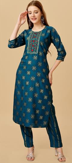 Casual Blue color Salwar Kameez in Rayon fabric with Straight Embroidered, Resham, Thread work : 1891926