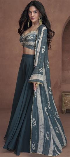 Designer, Reception Blue color Ready to Wear Lehenga in Georgette fabric with Umbrella Shape Sequence, Thread work : 1891938