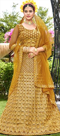Party Wear, Reception Yellow color Lehenga in Net fabric with A Line Sequence work : 1891987