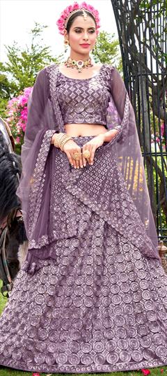 Party Wear, Reception Purple and Violet color Lehenga in Net fabric with A Line Sequence work : 1891988