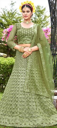 Party Wear, Reception Green color Lehenga in Net fabric with A Line Sequence work : 1891992