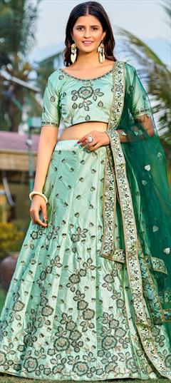 Party Wear, Reception Green color Lehenga in Satin Silk fabric with A Line Embroidered, Resham, Thread work : 1891997