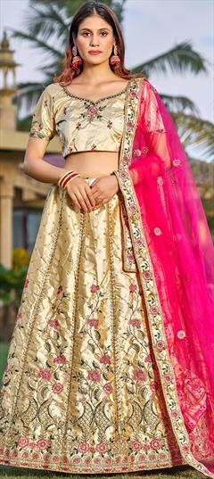 Party Wear, Reception White and Off White color Lehenga in Satin Silk fabric with A Line Embroidered, Resham, Thread work : 1891999