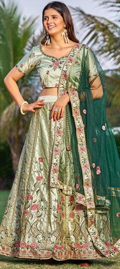 Party Wear, Reception Green color Lehenga in Satin Silk fabric with A Line Embroidered, Resham, Thread work : 1892002