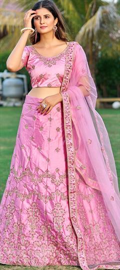 Party Wear, Reception Pink and Majenta color Lehenga in Satin Silk fabric with A Line Embroidered, Resham, Thread work : 1892003