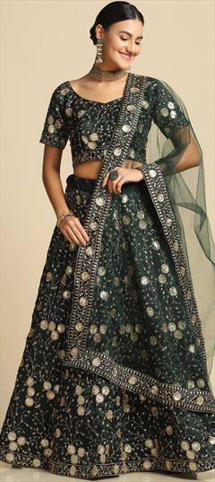 Party Wear, Reception Green color Lehenga in Taffeta Silk fabric with A Line Embroidered, Resham, Thread work : 1892006