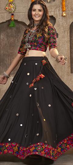 Festive, Navratri, Traditional Black and Grey color Lehenga in Rayon fabric with Flared Mirror, Resham, Thread work : 1892013