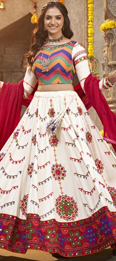 Festive, Navratri, Traditional White and Off White color Lehenga in Rayon fabric with Flared Mirror, Resham, Thread work : 1892014