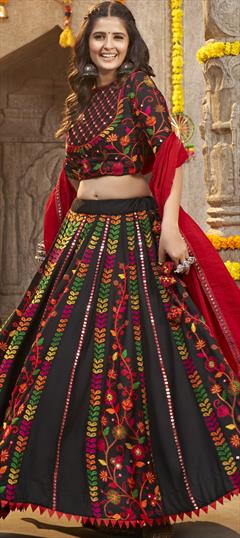 Festive, Navratri, Traditional Black and Grey color Lehenga in Rayon fabric with Flared Mirror, Resham, Thread work : 1892019