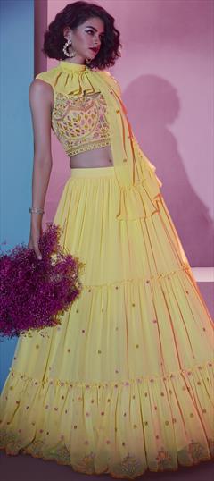 Designer, Festive, Reception Yellow color Lehenga in Georgette fabric with Flared Thread work : 1892199