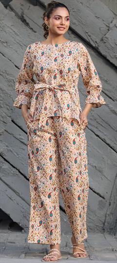 Party Wear Beige and Brown color Co-ords Set in Muslin fabric with Digital Print, Floral work : 1892268