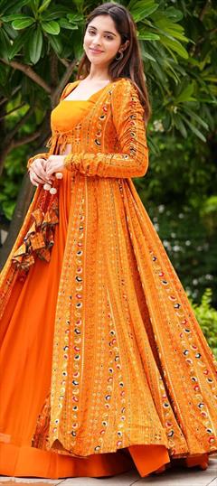 Festive, Reception Orange color Co-ords Set in Faux Georgette fabric with Digital Print work : 1892283