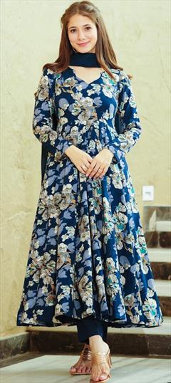 Party Wear Blue color Salwar Kameez in Muslin fabric with Anarkali Digital Print work : 1892351