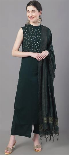 Festive, Party Wear Green color Salwar Kameez in Cotton fabric with Palazzo, Straight Embroidered, Patch work : 1892366