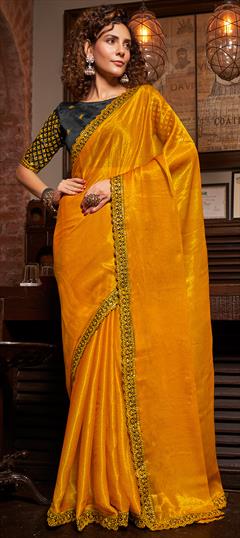 Party Wear, Reception Yellow color Saree in Chiffon fabric with Classic Embroidered, Sequence, Thread work : 1892726