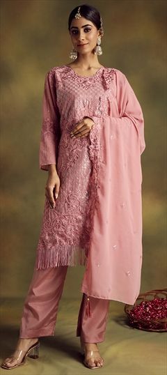 Festive, Party Wear, Reception Pink and Majenta color Salwar Kameez in Georgette fabric with Pakistani, Straight Cut Dana, Embroidered, Resham, Thread work : 1892778