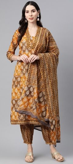 Party Wear, Summer Black and Grey, Yellow color Salwar Kameez in Cotton fabric with Straight Printed, Thread work : 1892830