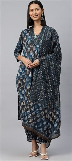 Casual, Summer Blue color Salwar Kameez in Cotton fabric with Straight Printed, Thread work : 1892832