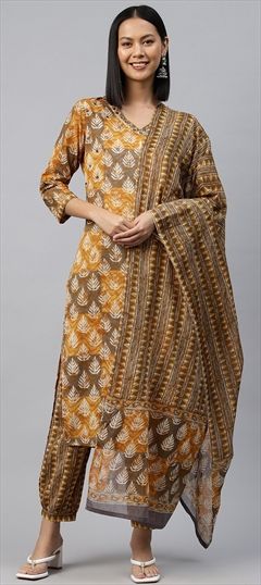 Casual, Summer Yellow color Salwar Kameez in Cotton fabric with Straight Printed, Thread work : 1892833