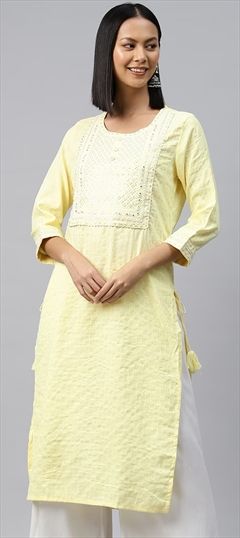 Casual Yellow color Kurti in Cotton fabric with Long Sleeve, Straight Embroidered, Gota Patti, Resham, Sequence, Thread work : 1892853