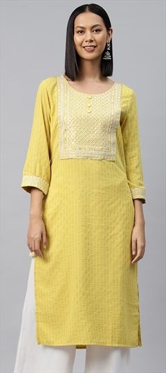 Casual Yellow color Kurti in Cotton fabric with Long Sleeve, Straight Embroidered, Gota Patti, Resham, Sequence, Thread work : 1892855