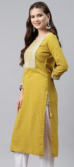Casual Yellow color Kurti in Cotton fabric with Long Sleeve, Straight Embroidered, Gota Patti, Resham, Sequence, Thread work : 1892856