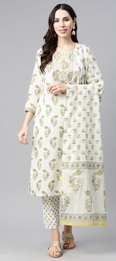 Casual, Summer White and Off White, Yellow color Salwar Kameez in Cotton fabric with Straight Embroidered, Floral, Printed, Resham, Sequence, Thread work : 1892860