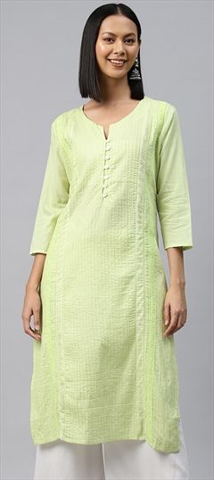 Casual Green color Kurti in Cotton fabric with Long Sleeve, Straight Thread work : 1892867