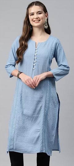 Casual Black and Grey color Kurti in Cotton fabric with Long Sleeve, Straight Thread work : 1892868