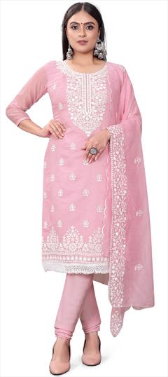 Casual Pink and Majenta color Salwar Kameez in Chanderi Silk, Cotton fabric with Churidar, Straight Embroidered, Sequence, Thread work : 1892870