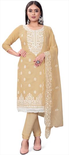 Casual Beige and Brown color Salwar Kameez in Chanderi Silk, Cotton fabric with Churidar, Straight Embroidered, Sequence, Thread work : 1892872